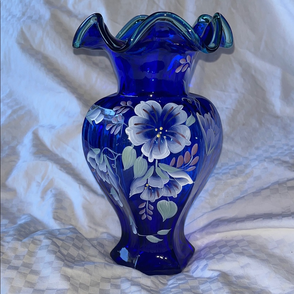 Fenton Cobalt Blue Vase with Floral Design